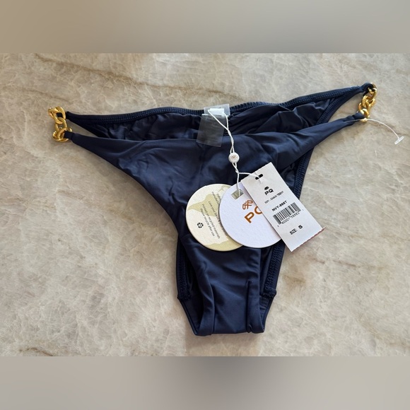 NEW PQ SWIM women's teeny gold chain strap detail bikini bottom swimsuit in blue - Picture 3 of 5